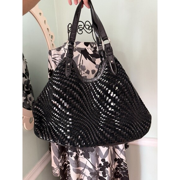 Cole Haan Genevieve Woven Triangle Black Patent Leather Black Tote Shoulder Bag - Picture 1 of 10